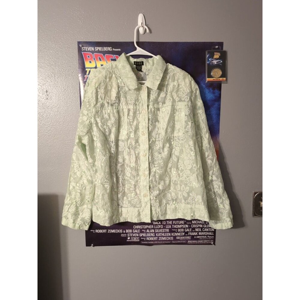 ELCC Women's Sheer Blouse Plus Size 2X Green Floral Button-Up Long Sleeve VTG
